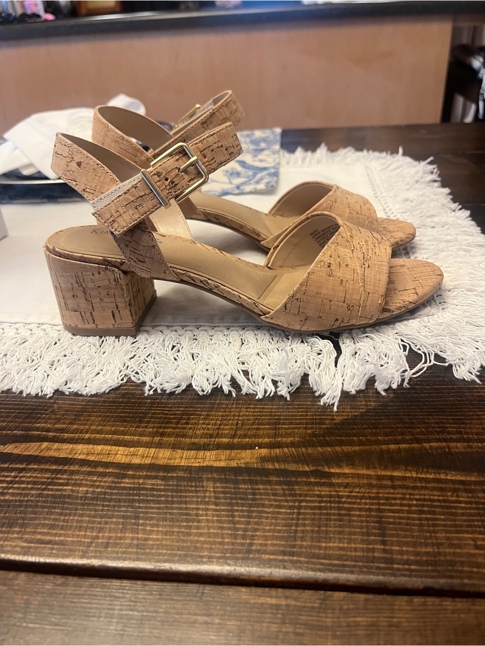 Kim Rogers Cork-Texture Block Heel Sandals - Beige